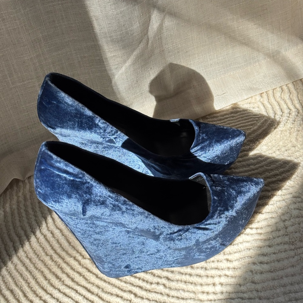 Elegant Blue Velvet Wedge Heels